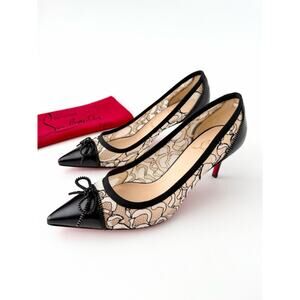 CHRISTIAN LOUBOUTIN | Black Cream Lace Bow Souris 70 Kitten Heel Pumps EU 39.5